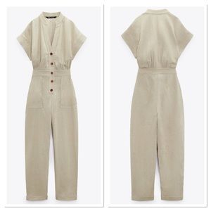 Zara Linen Blend Button Closure Jumpsuit Sz:Xs